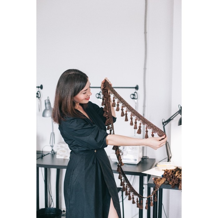 Тесьма с бусинками, 10см, 12±1м, цвет -коричневый