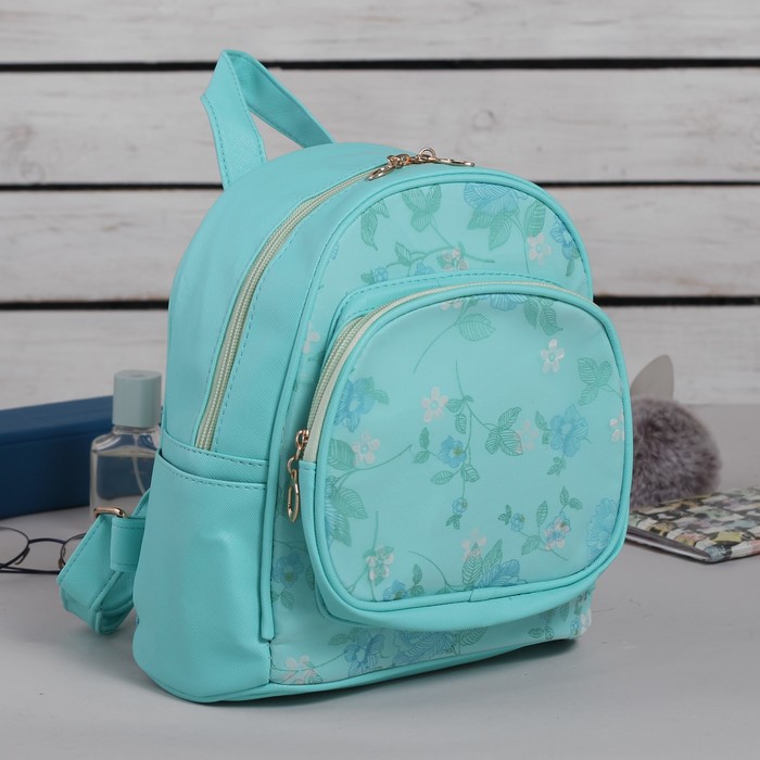 Рюкзак молодёжный на молнии "Цветы", 1 отдел, 2 наружных и 2 боковых кармана, цвет мятный