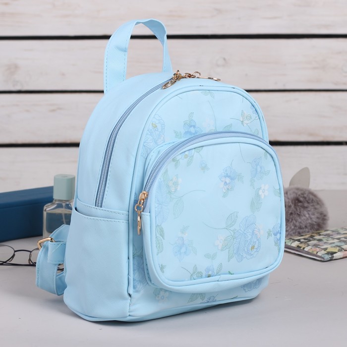 Рюкзак молодёжный на молнии "Цветы", 1 отдел, 2 наружных и 2 боковых кармана, голубой