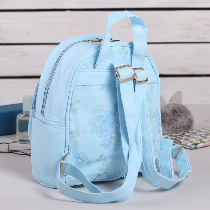 Рюкзак молодёжный на молнии "Цветы", 1 отдел, 2 наружных и 2 боковых кармана, голубой