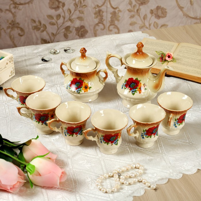 Чайный набор "Блиц" коричневый маки, 8 предметов 0,6/0,25 л