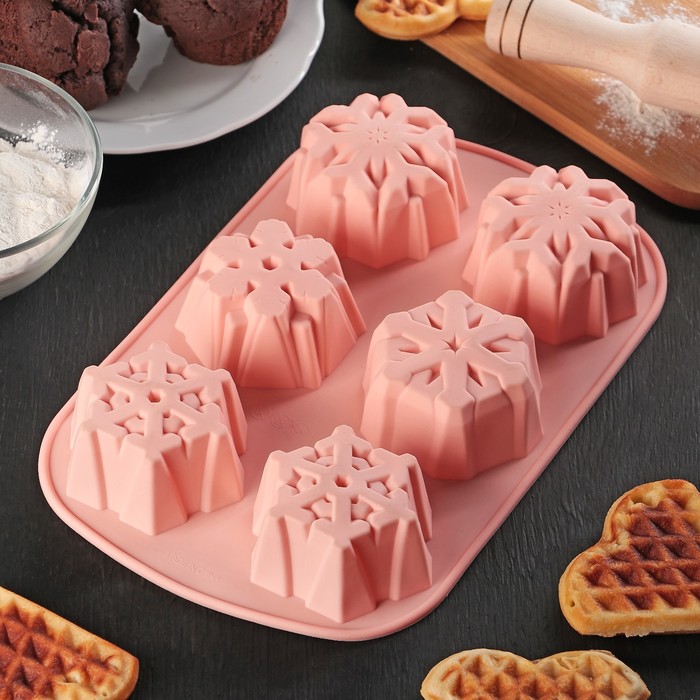 Форма для выпечки, 6 ячеек, 28х18х4 см "Снежинка", МИКС