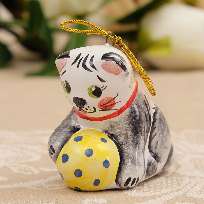 Подвеска «Котик с мячом», 5,5×5,5×4 см, мини, ярославская майолика