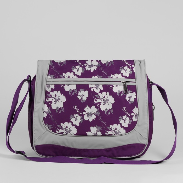 Сумка молодёжная на молнии "Цветочный принт", 1 отдел, 1 наружный карман, серый/фиолетовый