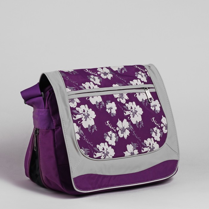Сумка молодёжная на молнии "Цветочный принт", 1 отдел, 1 наружный карман, серый/фиолетовый