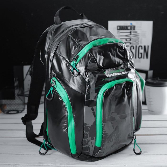 Рюкзак молодёжный на молнии, 1 отдел, 3 наружных кармана, чёрный/зелёный