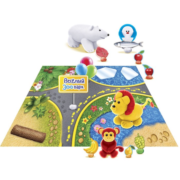 Набор для лепки "Зоопарк" с игровым фоном+7 цветов пластилина по 10 гр, стека