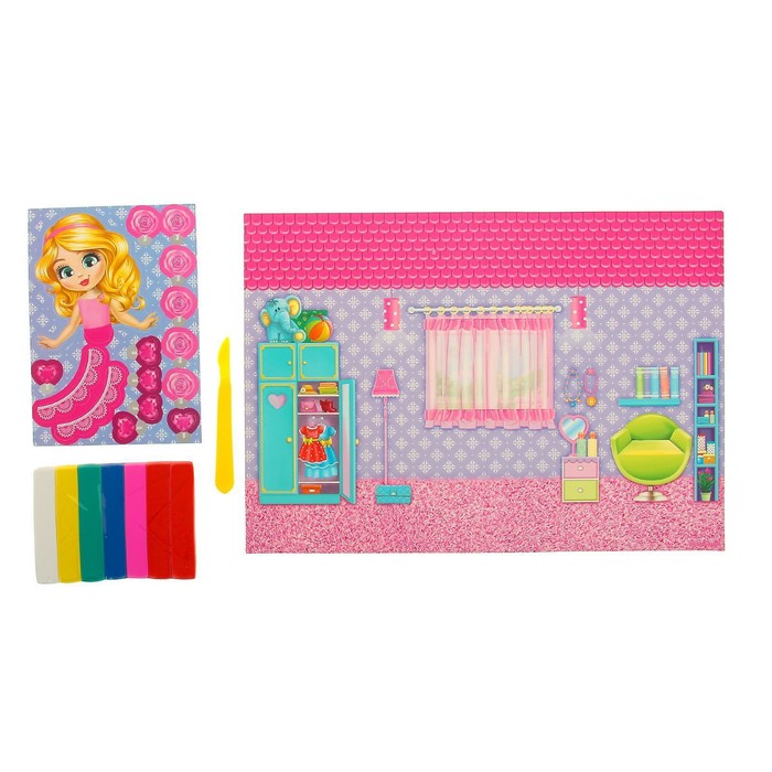 Набор для лепки "Кукольный домик" с игровым фоном+7 цветов пластилина по 10 гр, стека