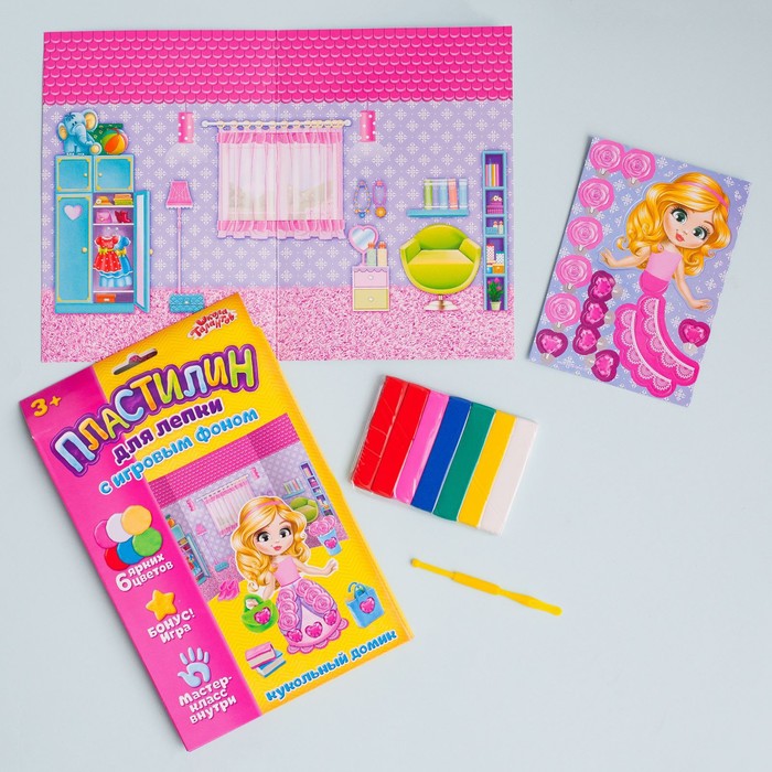 Набор для лепки "Кукольный домик" с игровым фоном+7 цветов пластилина по 10 гр, стека