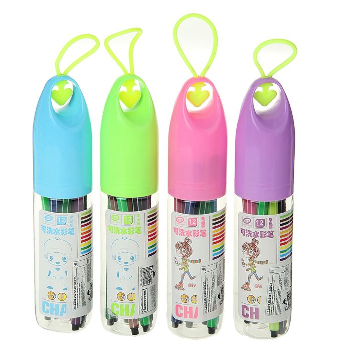 Фломастеры 12 цветов в пластиковом тубусе с ручкой,вертилируемый колпачок,МИКС