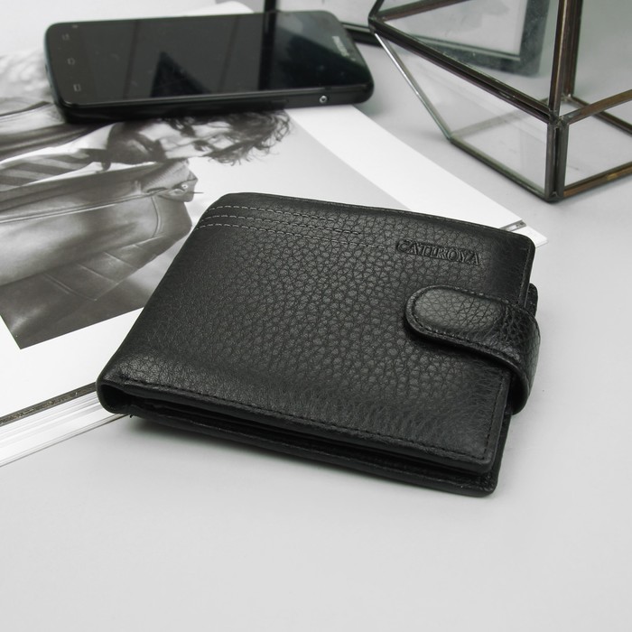 Портмоне мужское на кнопке, 3 отдела, отдел для карт, отдел для монет на магните, чёрное