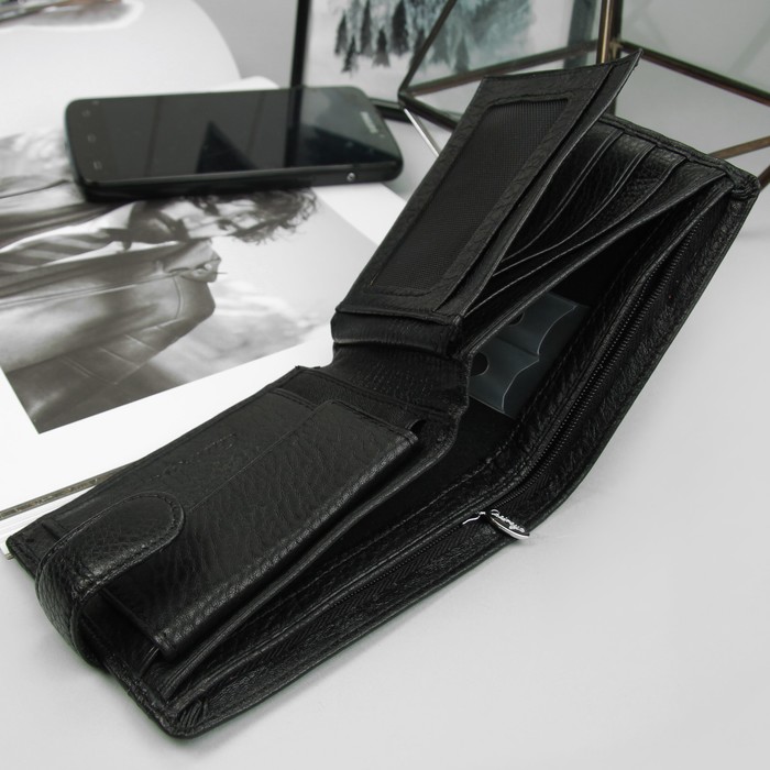 Портмоне мужское на кнопке, 3 отдела, отдел для карт, отдел для монет на магните, чёрное