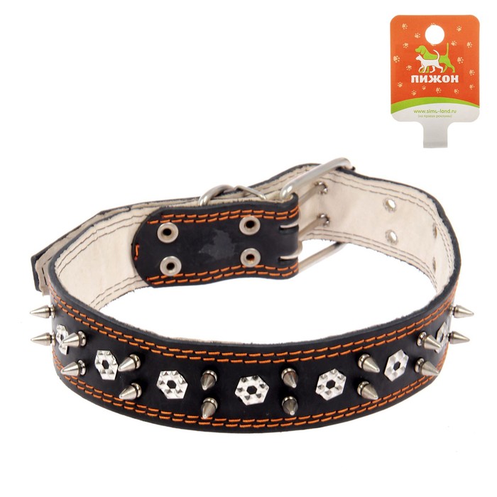 Ошейник кожаный двухслойный шипованный, 85 х 4,5 см МИКС ЦВЕТОВ