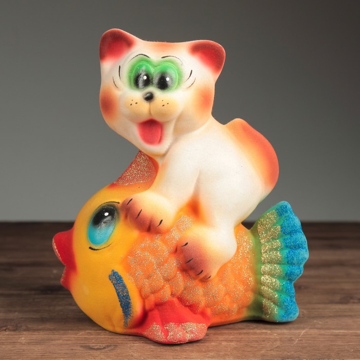Копилка "Кот на рыбке" флок, микс