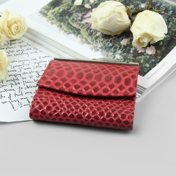 Кошелёк женский на клапане, 1 отдел, отдел для карт, отдел для монет на рамке, бордовая змея