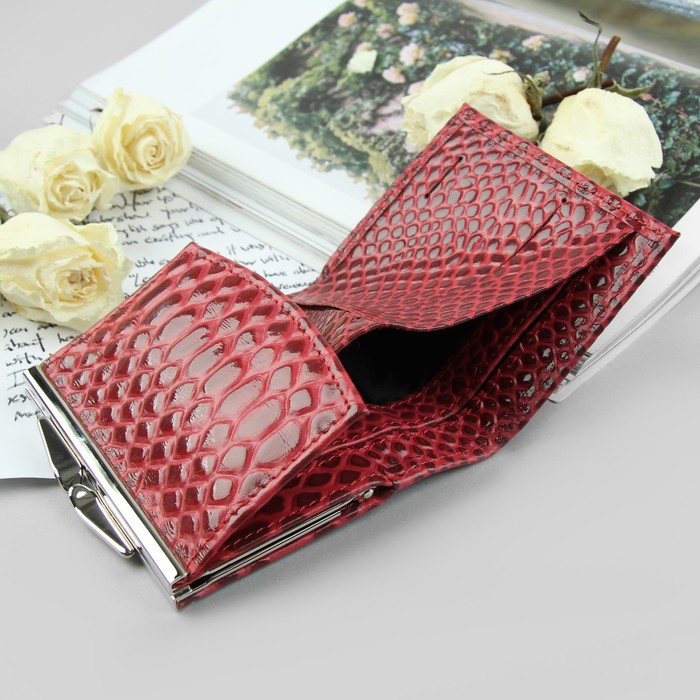 Кошелёк женский на клапане, 1 отдел, отдел для карт, отдел для монет на рамке, бордовая змея