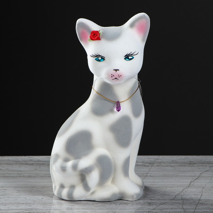 Копилка "Кошка Лиза" флок, белый леопард