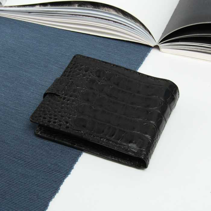 Портмоне на кнопке, 3 отдела, для карт, монет, кайман, цвет чёрный