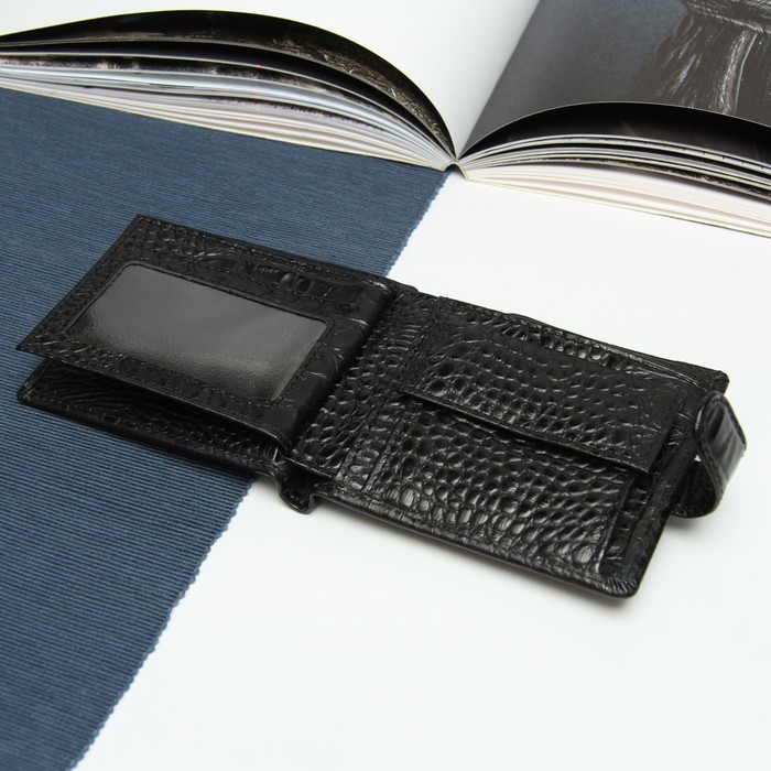 Портмоне на кнопке, 3 отдела, для карт, монет, кайман, цвет чёрный