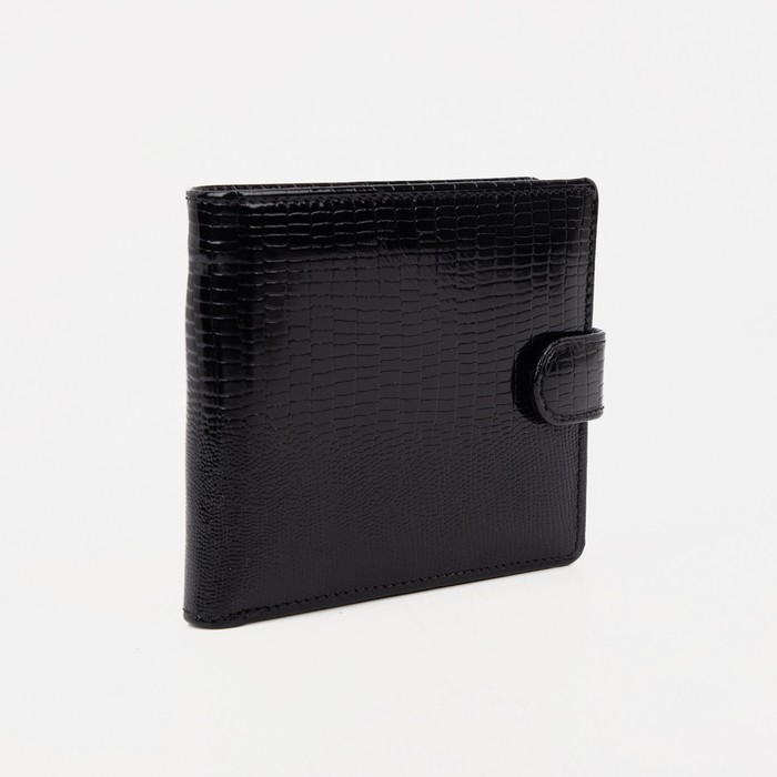 Портмоне на кнопке, 3 отдела, для карт, монет, наплак, ящерица, цвет чёрный