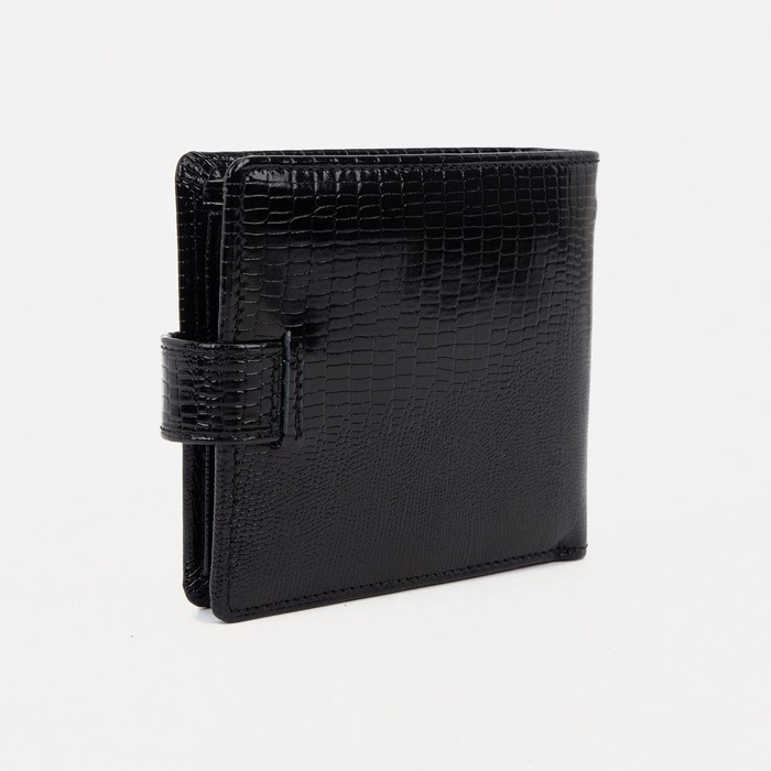 Портмоне на кнопке, 3 отдела, для карт, монет, наплак, ящерица, цвет чёрный