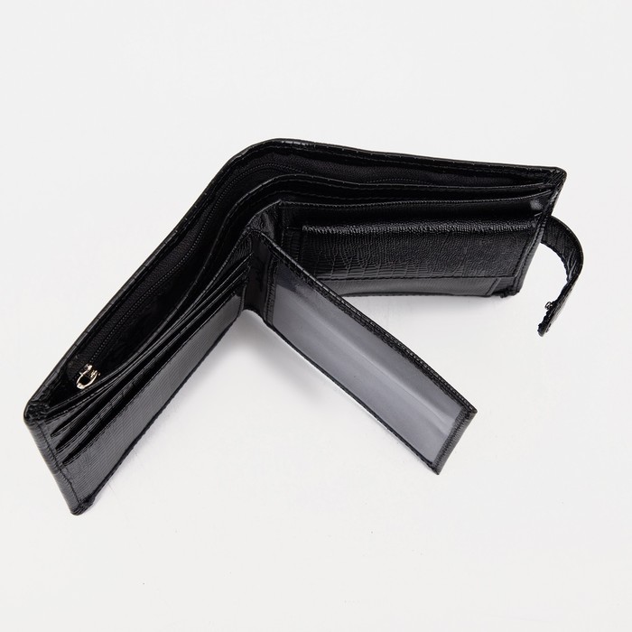 Портмоне на кнопке, 3 отдела, для карт, монет, наплак, ящерица, цвет чёрный