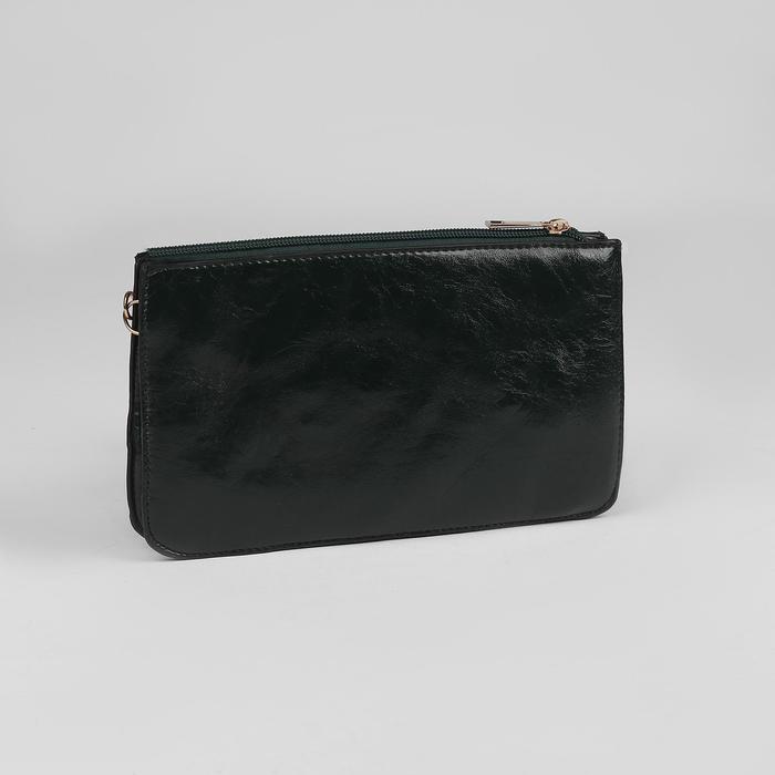 Клатч женский на молнии "Кристи", 3 отдела, длинный ремень, зелёный