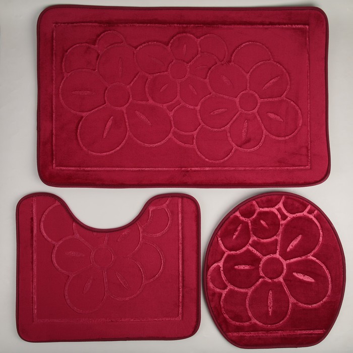Набор ковриков для ванной и туалета "Лютики" 3 шт, цвет бордовый