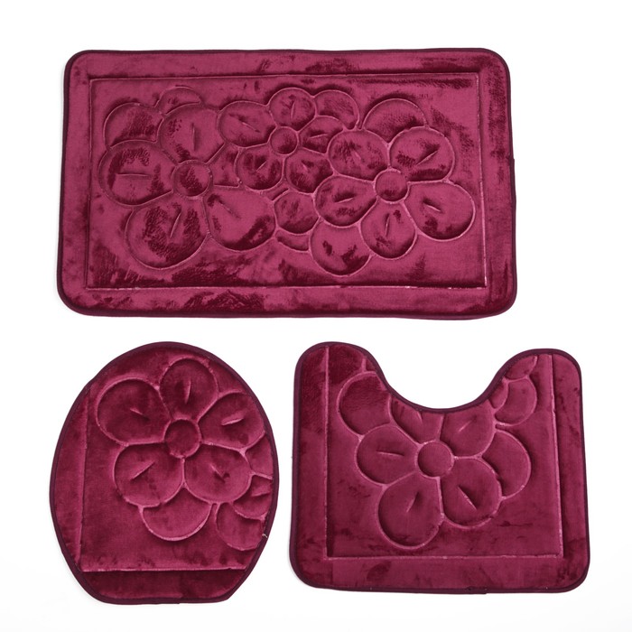 Набор ковриков для ванной и туалета "Лютики" 3 шт, цвет бордовый