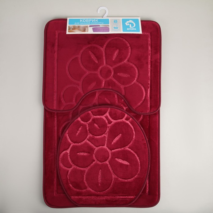 Набор ковриков для ванной и туалета "Лютики" 3 шт, цвет бордовый