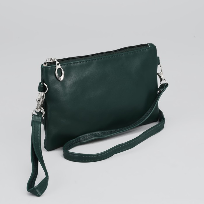 Клатч женский на молнии, 1 отдел, с подкладом, с ручкой, длинный ремень, цвет зелёный