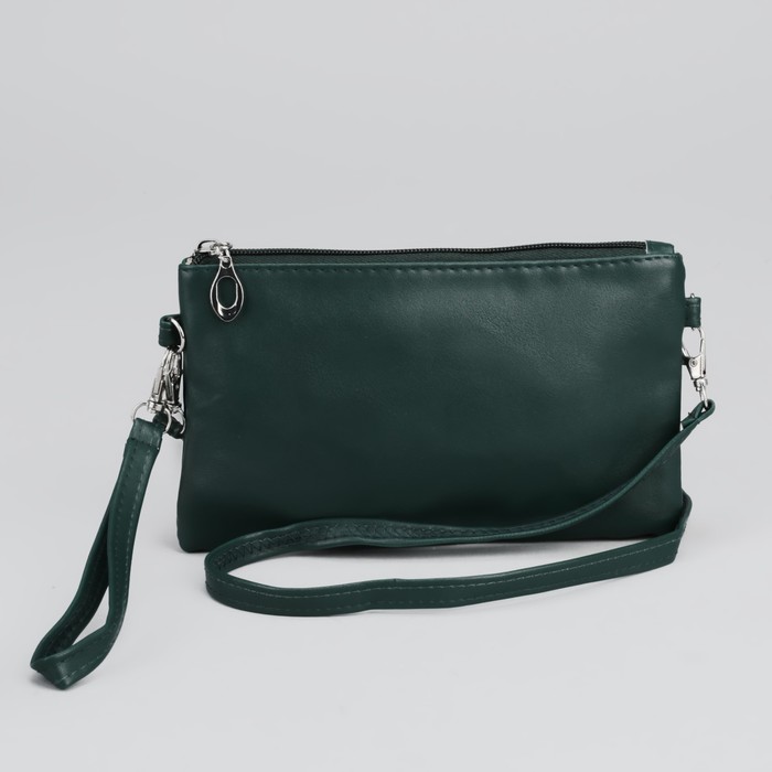Клатч женский на молнии, 1 отдел, с подкладом, с ручкой, длинный ремень, цвет зелёный