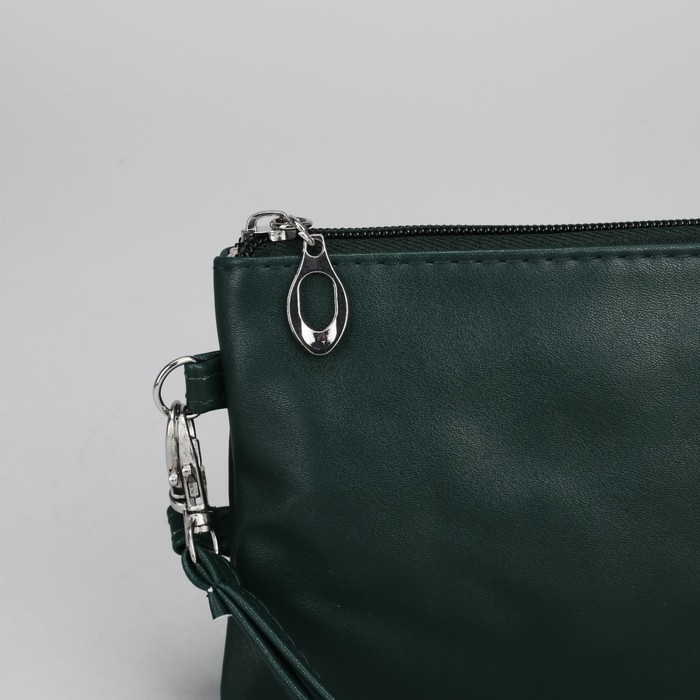 Клатч женский на молнии, 1 отдел, с подкладом, с ручкой, длинный ремень, цвет зелёный