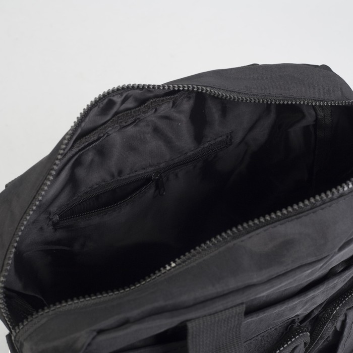 Сумка спортивная на молнии "Жатка", 1 отдел, 6 наружных карманов, длинный ремень, чёрная