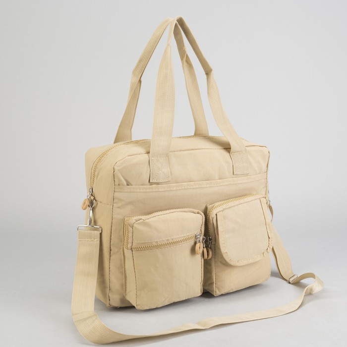 Сумка спортивная на молнии "Жатка", 1 отдел, 6 наружных карманов, длинный ремень, бежевая