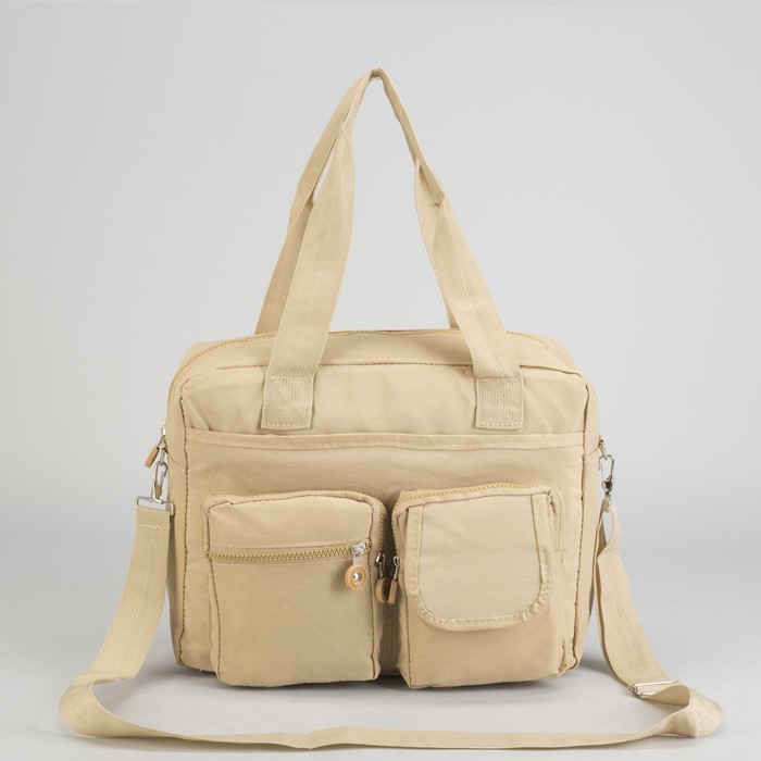 Сумка спортивная на молнии "Жатка", 1 отдел, 6 наружных карманов, длинный ремень, бежевая