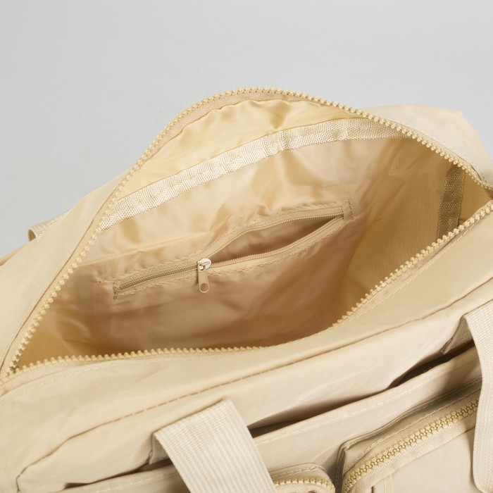 Сумка спортивная на молнии "Жатка", 1 отдел, 6 наружных карманов, длинный ремень, бежевая