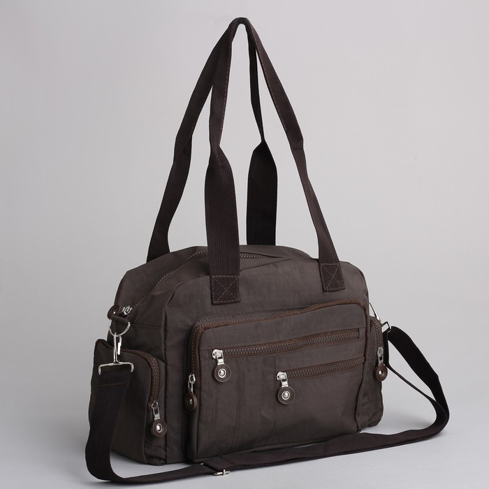 Сумка спортивная на молнии "Жатка", 1 отдел, 7 наружных карманов, длинный ремень, коричневая