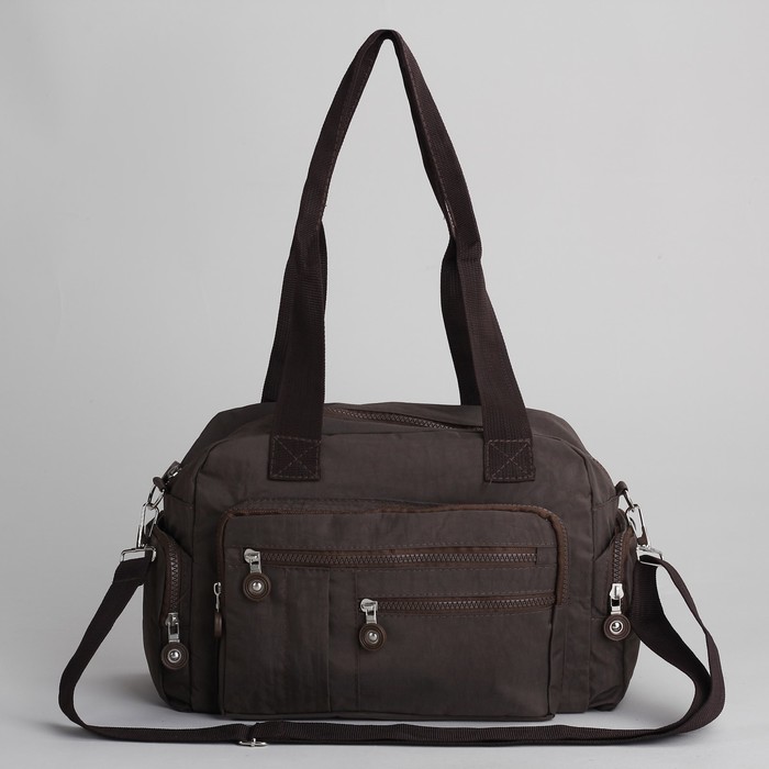 Сумка спортивная на молнии "Жатка", 1 отдел, 7 наружных карманов, длинный ремень, коричневая