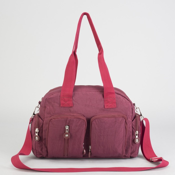 Сумка спортивная на молнии "Жатка", 1 отдел, 6 наружных карманов, длинный ремень, бордовая