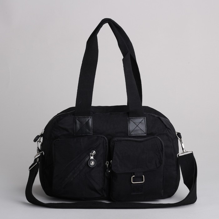 Сумка спортивная на молнии "Жатка", 1 отдел, 6 наружных карманов, длинный ремень, чёрная