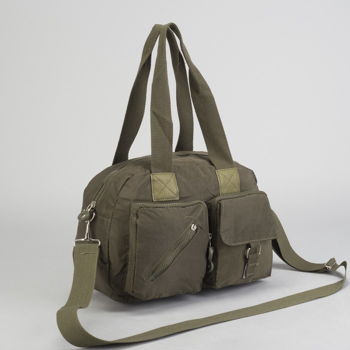 Сумка спортивная на молнии "Жатка", 1 отдел, 6 наружных карманов, длинный ремень, зелёная