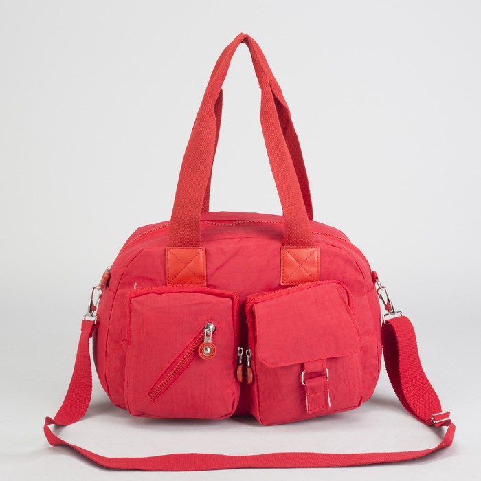 Сумка спортивная на молнии "Жатка", 1 отдел, 6 наружных карманов, длинный ремень, красная