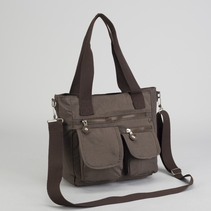 Сумка спортивная на молнии "Жатка", 1 отдел, 5 наружных карманов, длинный ремень, коричневая