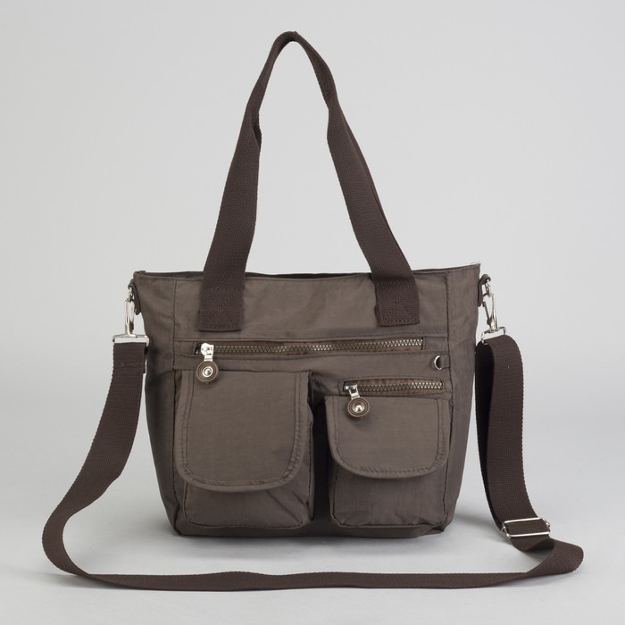 Сумка спортивная на молнии "Жатка", 1 отдел, 5 наружных карманов, длинный ремень, коричневая