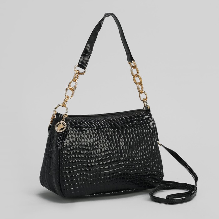 Сумка женская на молнии, 1 отдел, 1 наружный карман, длинный ремень, цвет чёрный