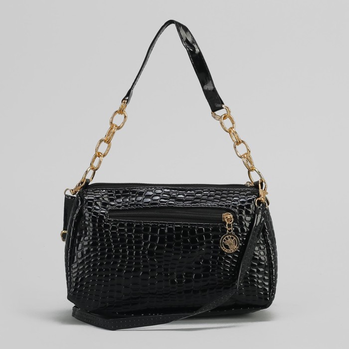 Сумка женская на молнии, 1 отдел, 1 наружный карман, длинный ремень, цвет чёрный