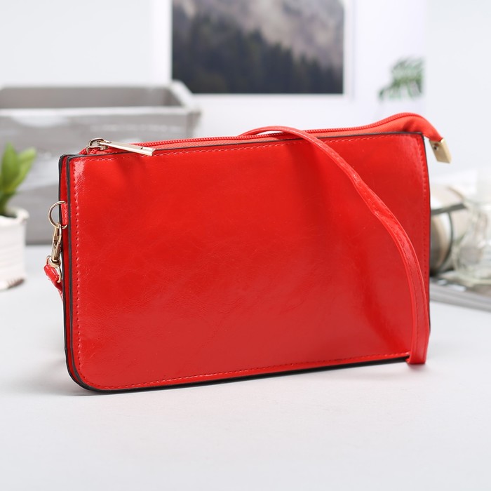 Клатч женский на молнии "Кристи", 3 отдела, длинный ремень, красный