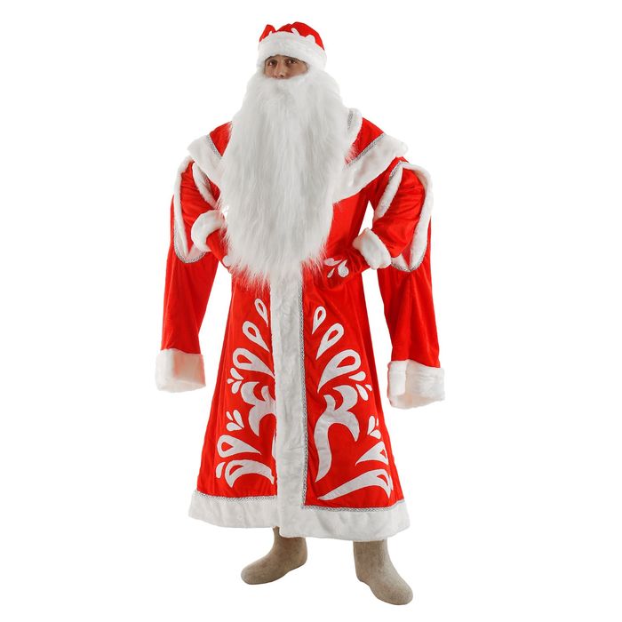 Карнавальный костюм "Дед Мороз", шуба с узорами из парчи, шапка, варежки, борода, р-р 52-54, рост 180 см