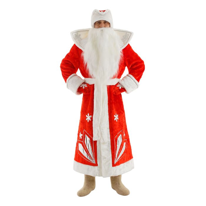 Карнавальный костюм "Дед Мороз", шуба с узорами из парчи, пояс, шапка, варежки, борода, р-р 52-54, рост 180 см